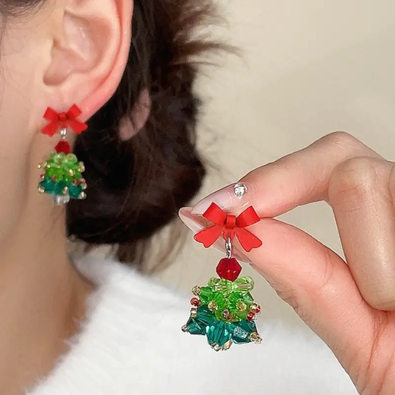 Christmas Tree Earrings Ambience Sense of Colourful Earrings Bow Stars 925 Silver Needle
