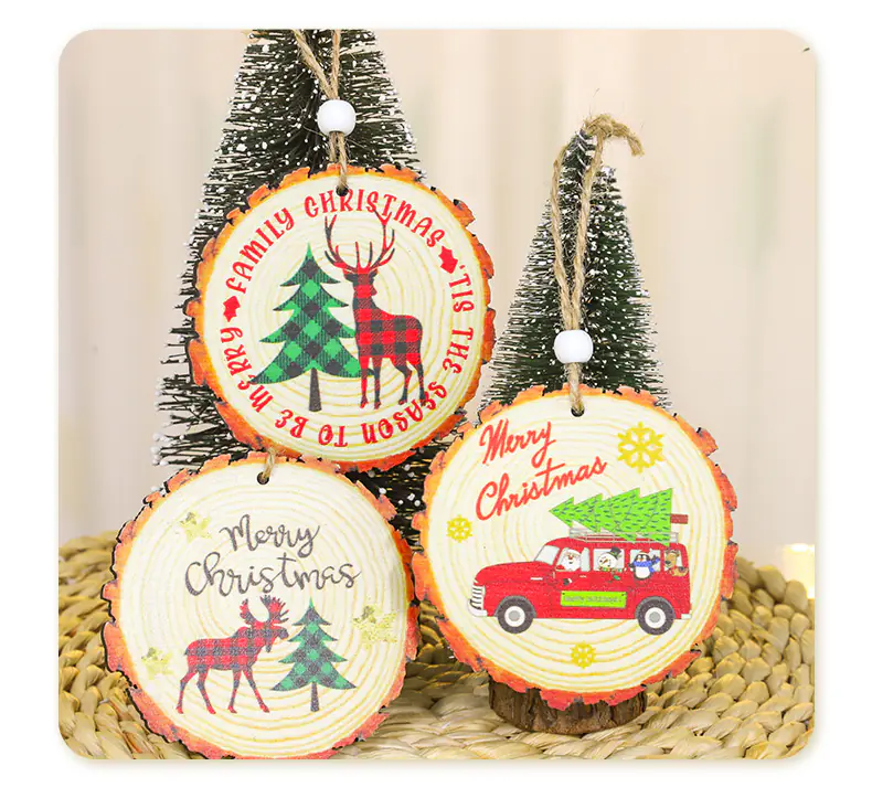Cross-border Christmas Wooden Round Piece Carving Pendant Creative Wooden Crafts