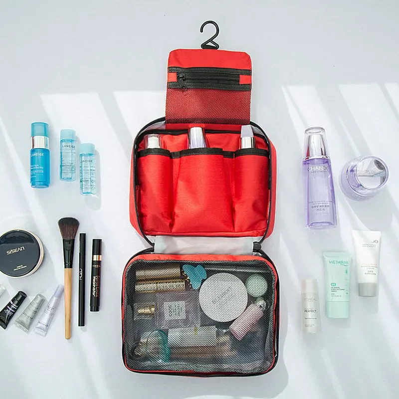 Foldable travel cosmetic bag with clear compartments and smart organization for short trips and business travel.