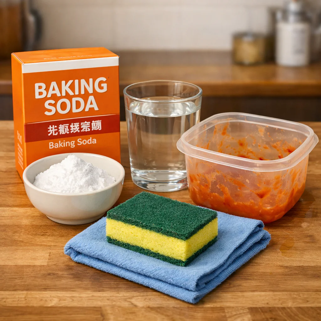baking soda paste used for Removing Stains From Plastic Containers (Tomato, Curry)